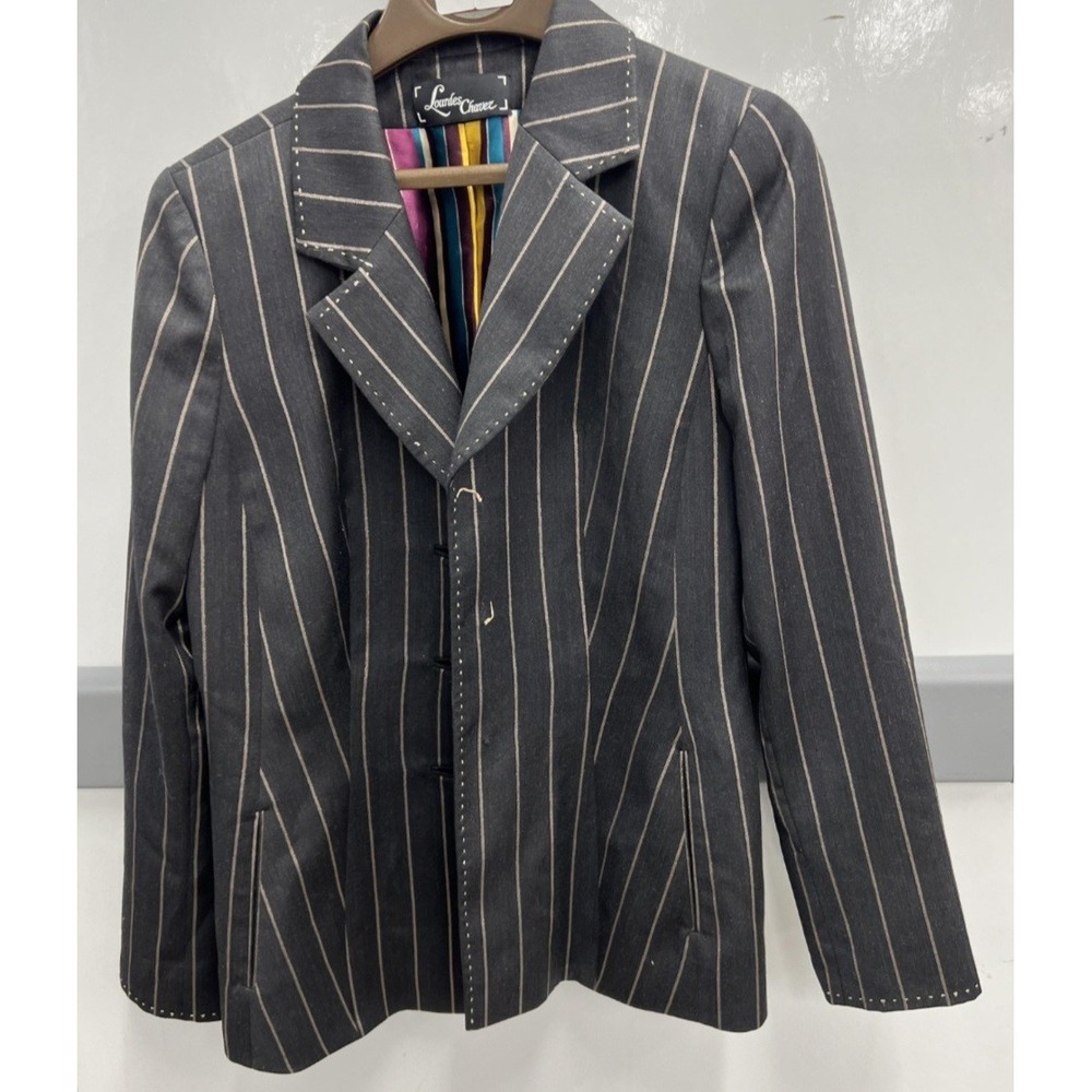 Lourdes Chavez Womens Pinstripe Blazer Grey Pick Stitch Tailored Jacket Size 10